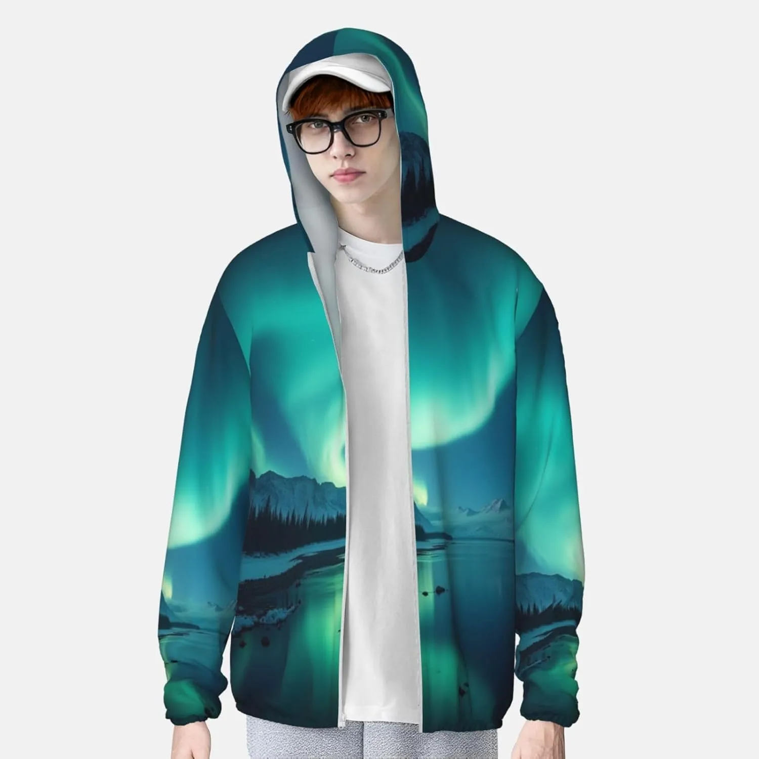 Lightweight UV Protection Sun Jacket, Majestic Aurora Pattern Print Sportswear Hooded Sunblock Shirt for Outdoor