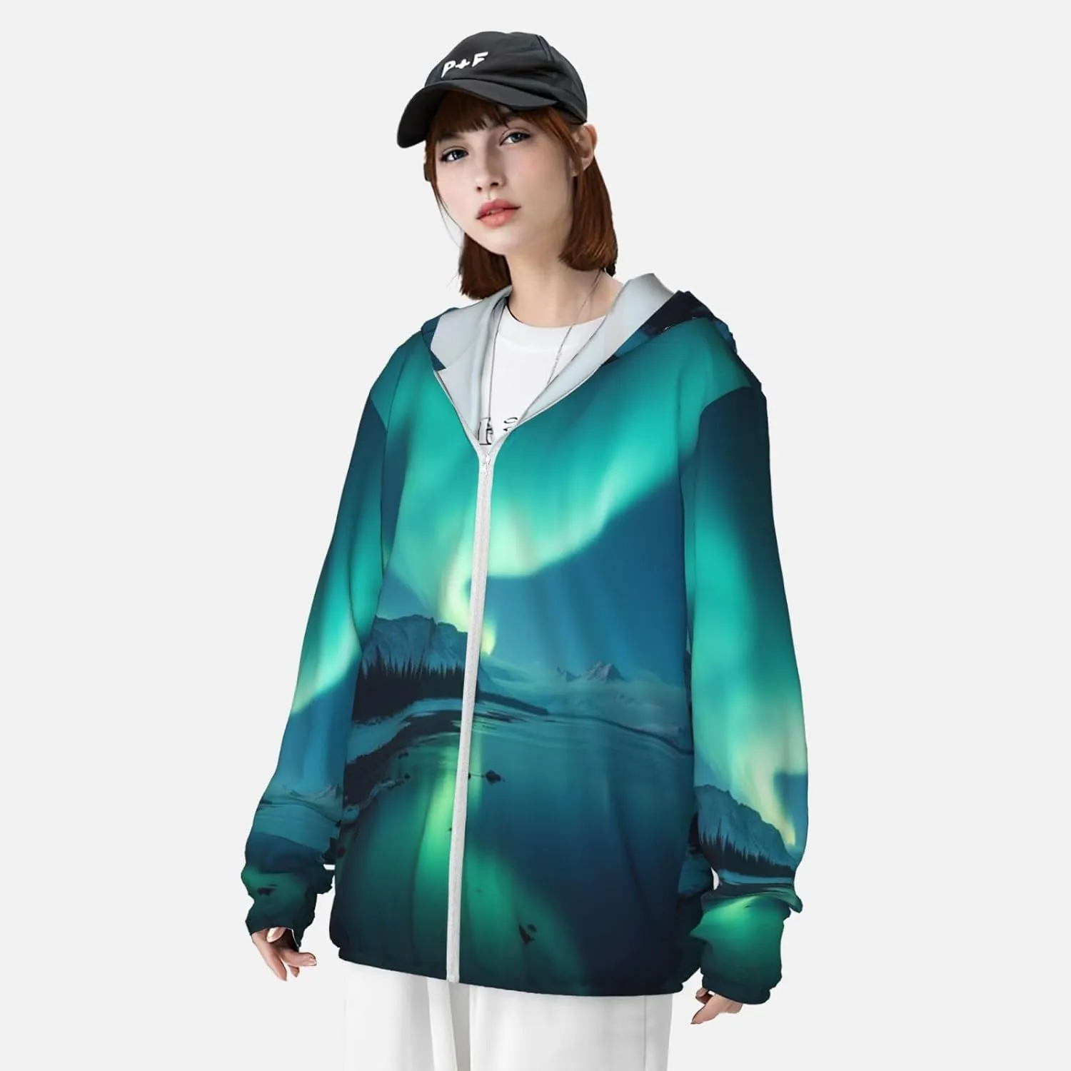 Lightweight UV Protection Sun Jacket, Majestic Aurora Pattern Print Sportswear Hooded Sunblock Shirt for Outdoor
