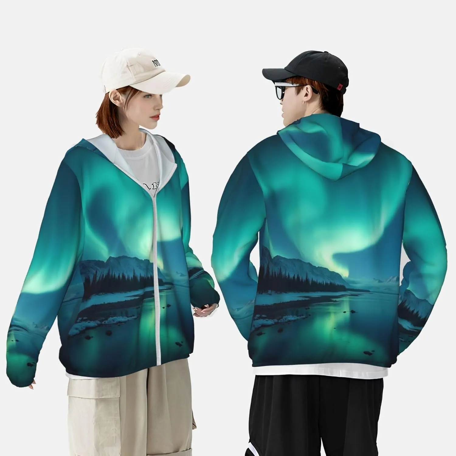 Lightweight UV Protection Sun Jacket, Majestic Aurora Pattern Print Sportswear Hooded Sunblock Shirt for Outdoor
