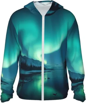 Lightweight UV Protection Sun Jacket, Majestic Aurora Pattern Print Sportswear Hooded Sunblock Shirt for Outdoor