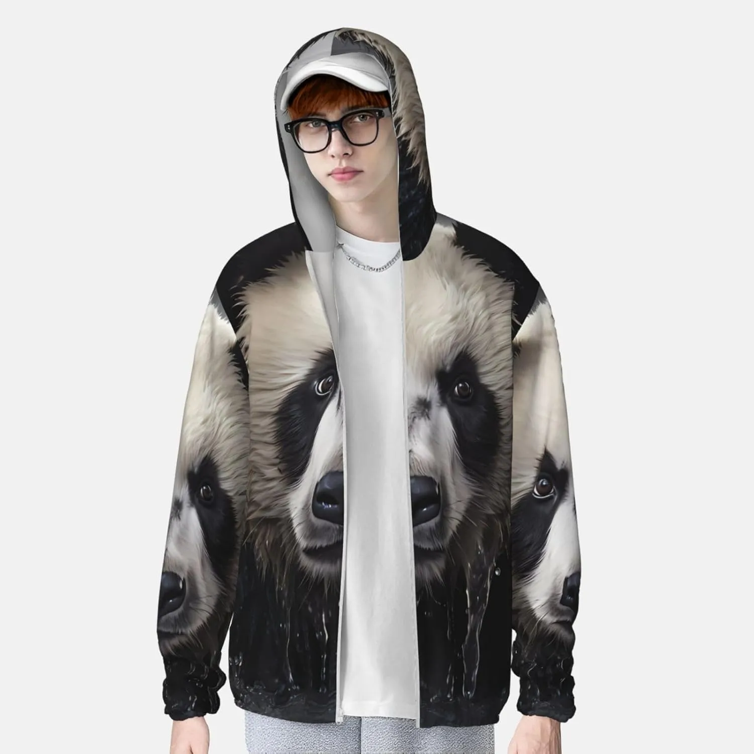 Lightweight UV Protection Sun Jacket, Panda in the water Print Sportswear Hooded Sunblock Shirt for Outdoor