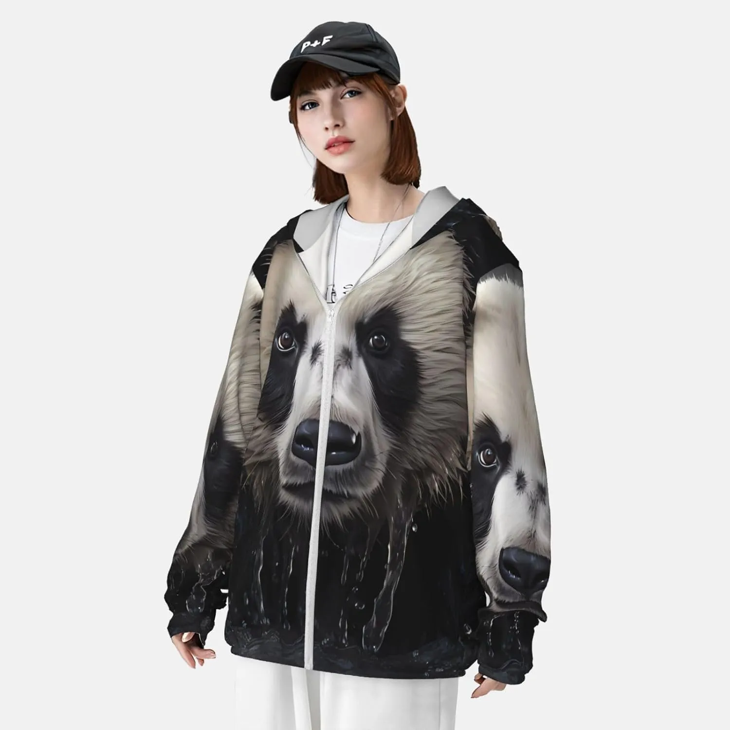 Lightweight UV Protection Sun Jacket, Panda in the water Print Sportswear Hooded Sunblock Shirt for Outdoor