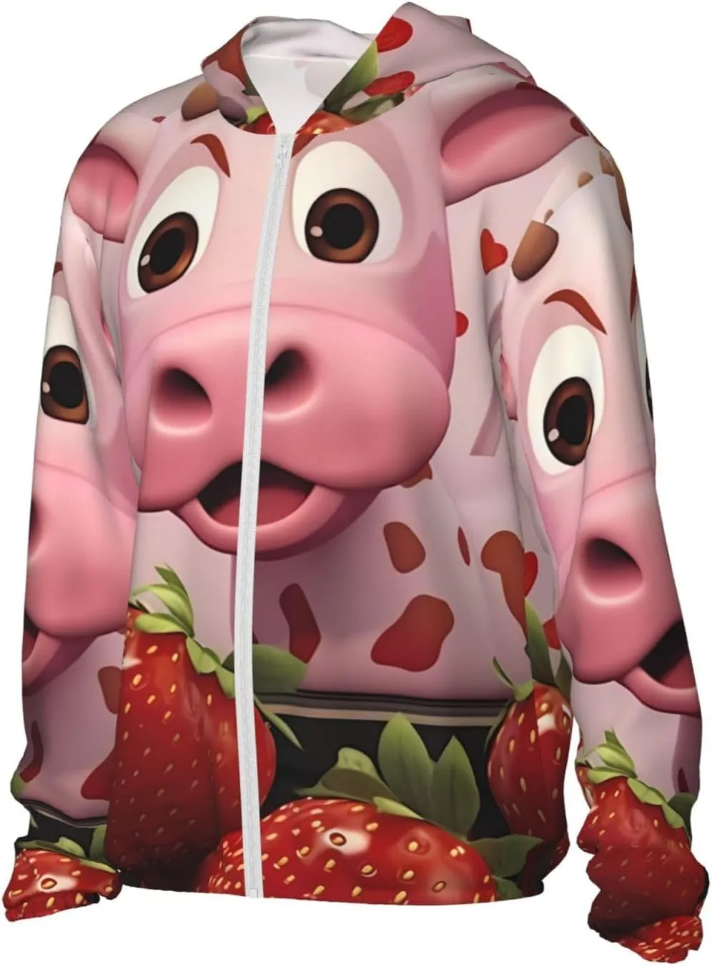 Lightweight UV Protection Sun Jacket, Pink Cow with Strawberry Print Sportswear Hooded Sunblock Shirt for Outdoor