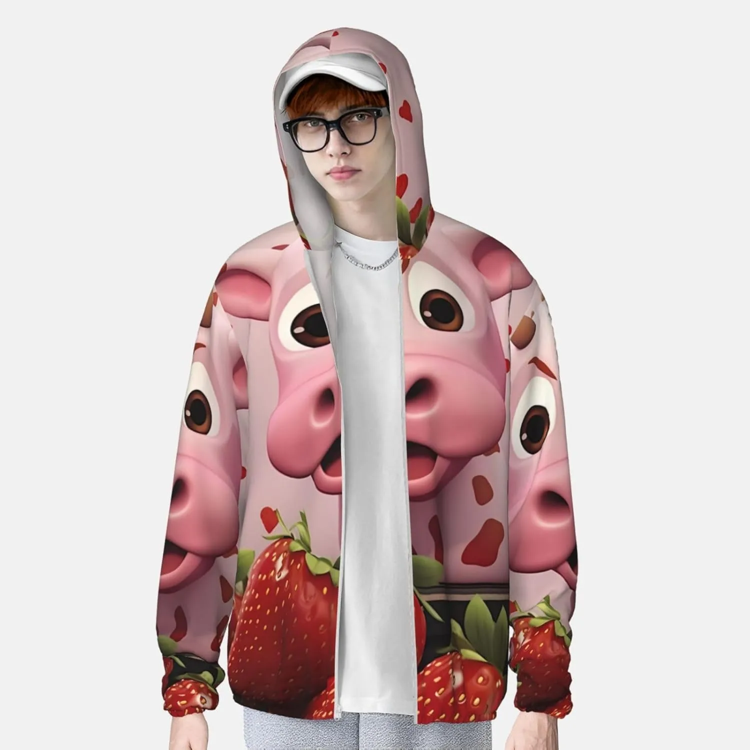 Lightweight UV Protection Sun Jacket, Pink Cow with Strawberry Print Sportswear Hooded Sunblock Shirt for Outdoor