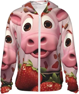 Lightweight UV Protection Sun Jacket, Pink Cow with Strawberry Print Sportswear Hooded Sunblock Shirt for Outdoor