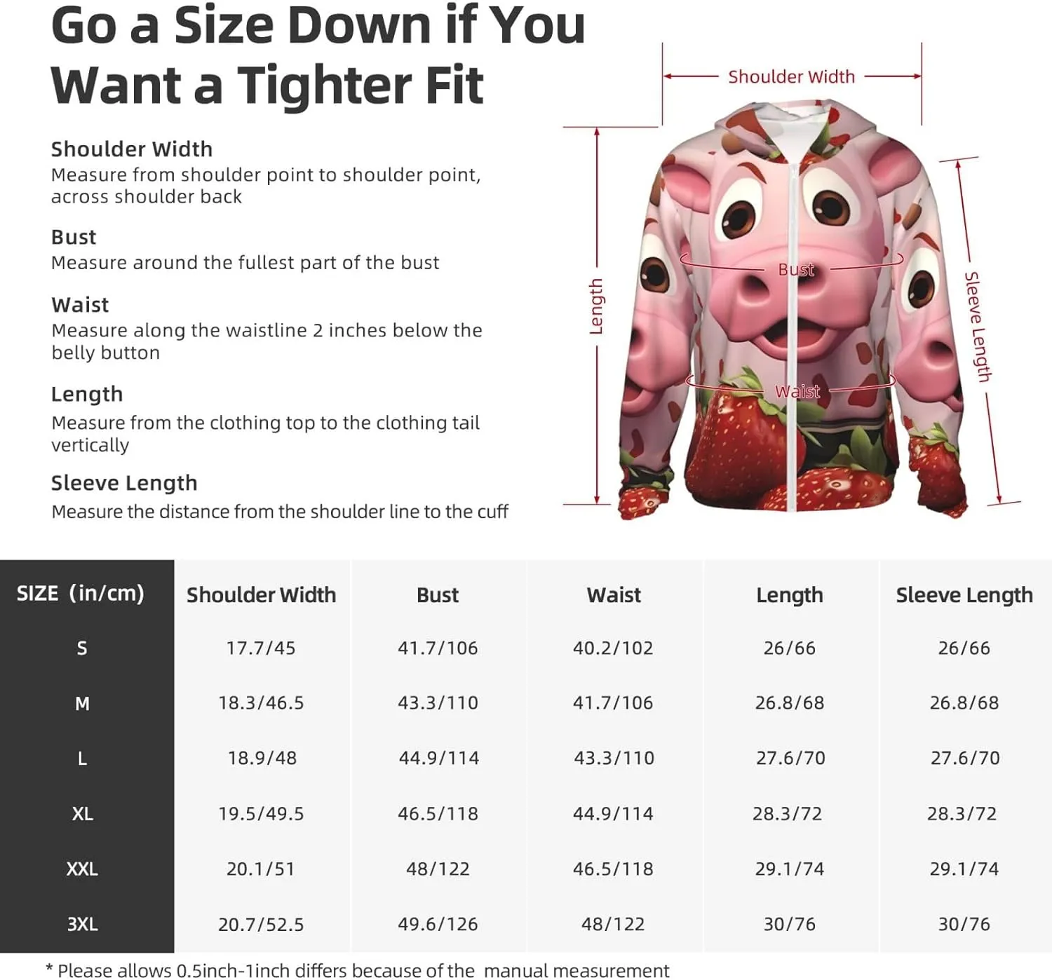 Lightweight UV Protection Sun Jacket, Pink Cow with Strawberry Print Sportswear Hooded Sunblock Shirt for Outdoor