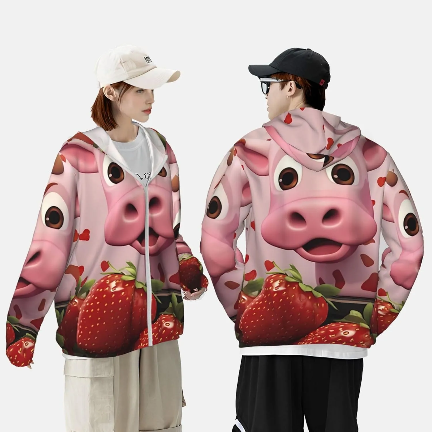 Lightweight UV Protection Sun Jacket, Pink Cow with Strawberry Print Sportswear Hooded Sunblock Shirt for Outdoor