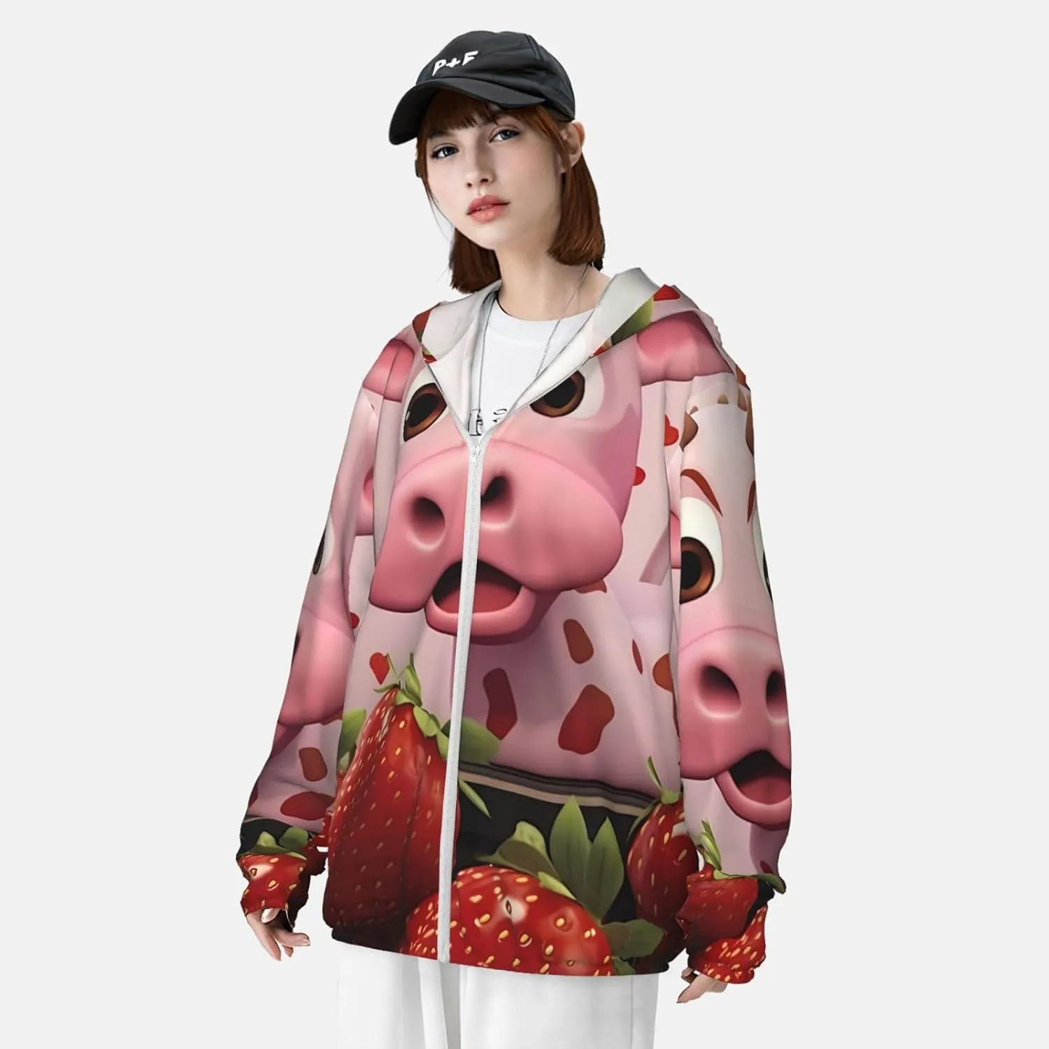 Lightweight UV Protection Sun Jacket, Pink Cow with Strawberry Print Sportswear Hooded Sunblock Shirt for Outdoor