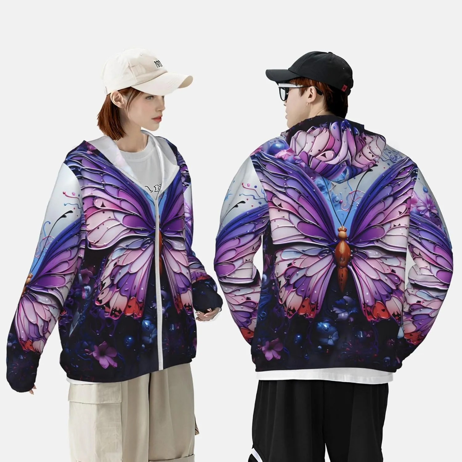 Lightweight UV Protection Sun Jacket, Purple Butterfly Flowers Print Sportswear Hooded Sunblock Shirt for Outdoor