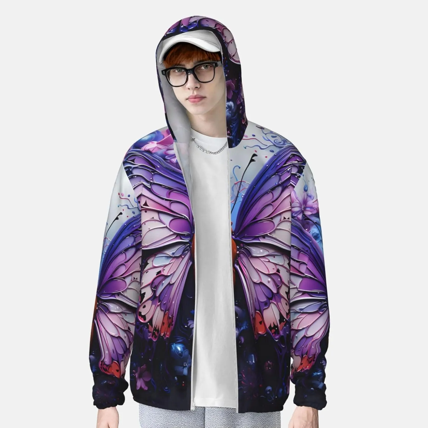 Lightweight UV Protection Sun Jacket, Purple Butterfly Flowers Print Sportswear Hooded Sunblock Shirt for Outdoor