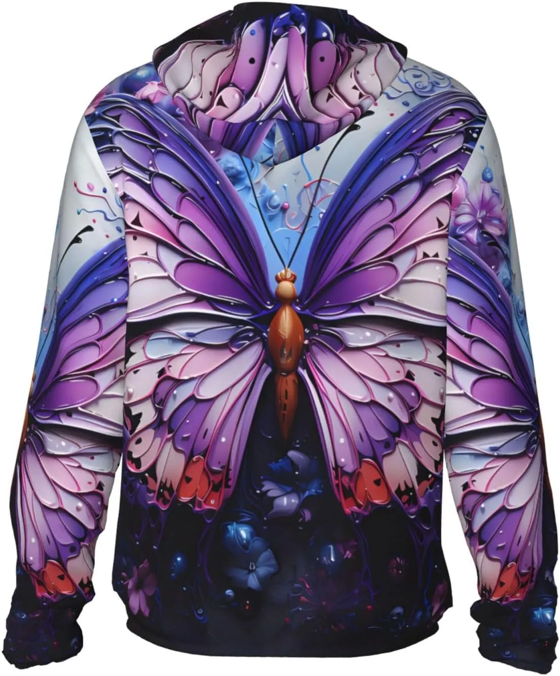 Lightweight UV Protection Sun Jacket, Purple Butterfly Flowers Print Sportswear Hooded Sunblock Shirt for Outdoor