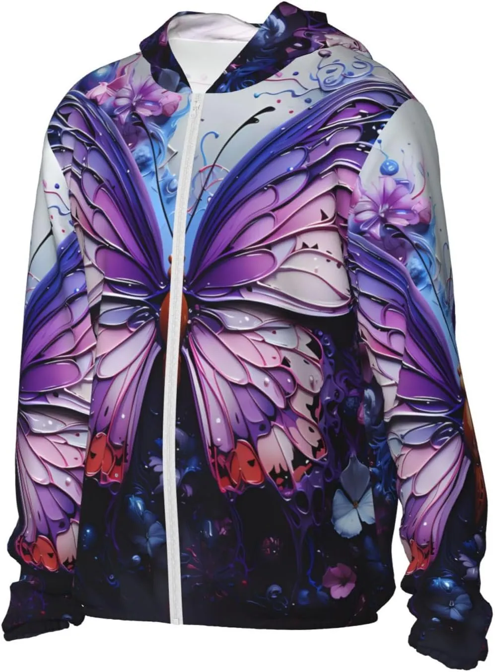 Lightweight UV Protection Sun Jacket, Purple Butterfly Flowers Print Sportswear Hooded Sunblock Shirt for Outdoor
