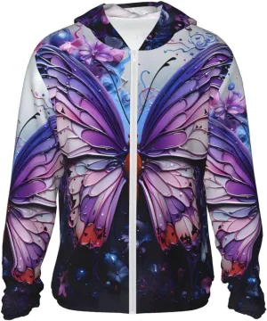 Lightweight UV Protection Sun Jacket, Purple Butterfly Flowers Print Sportswear Hooded Sunblock Shirt for Outdoor