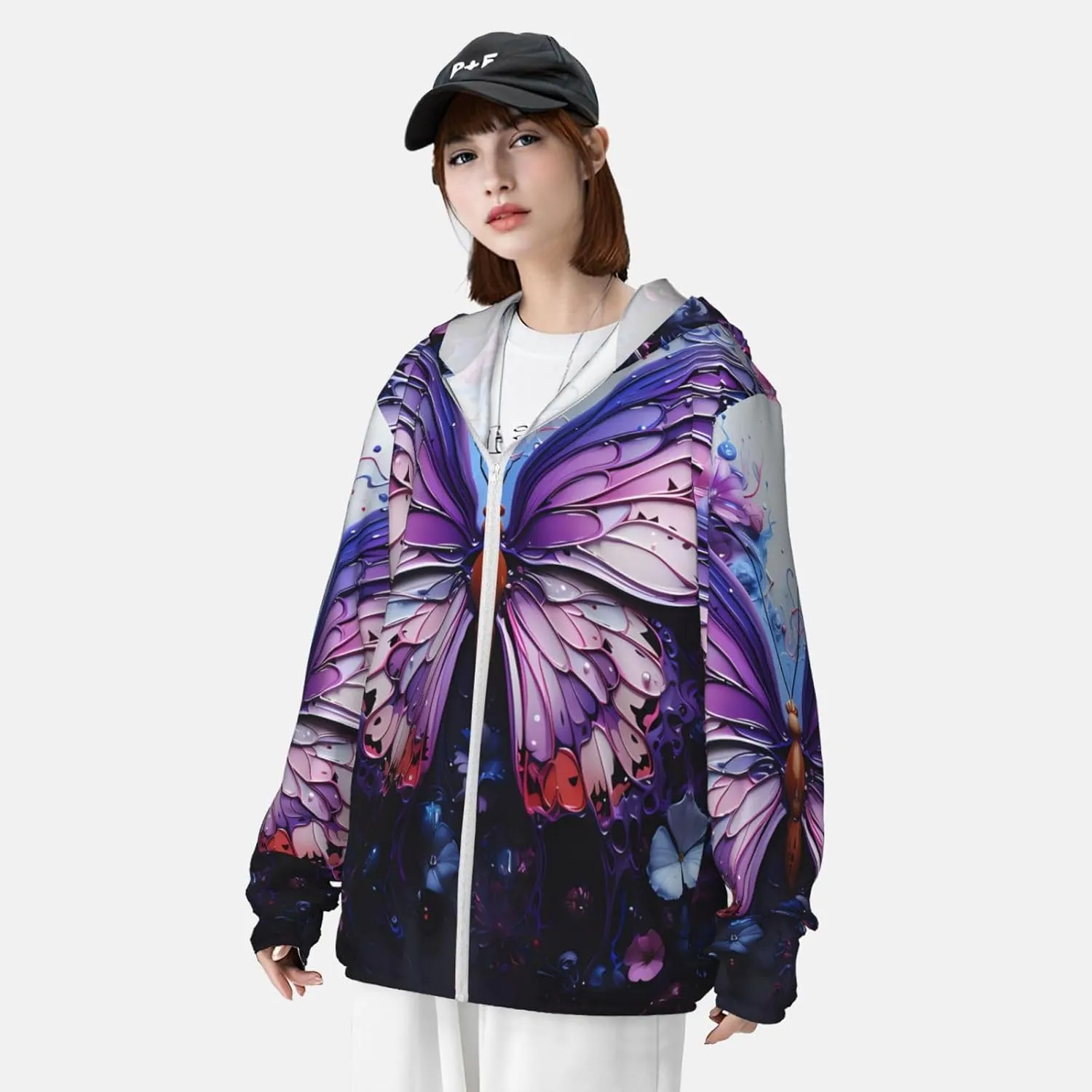 Lightweight UV Protection Sun Jacket, Purple Butterfly Flowers Print Sportswear Hooded Sunblock Shirt for Outdoor