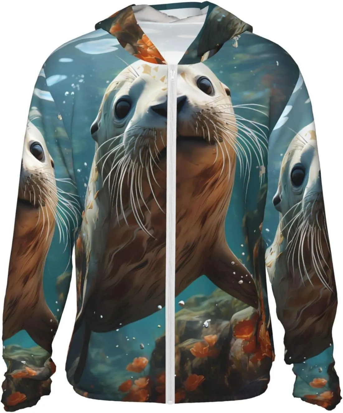 Lightweight UV Protection Sun Jacket, Seal pup in water Print Sportswear Hooded Sunblock Shirt for Outdoor