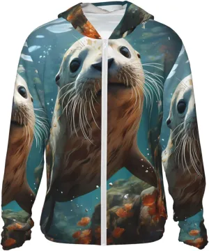 Lightweight UV Protection Sun Jacket, Seal pup in water Print Sportswear Hooded Sunblock Shirt for Outdoor
