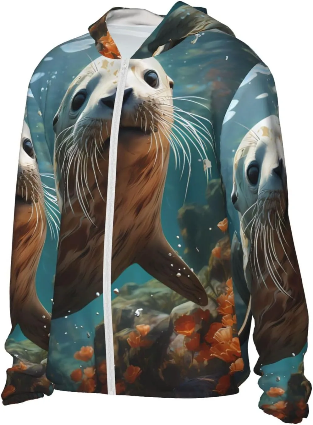 Lightweight UV Protection Sun Jacket, Seal pup in water Print Sportswear Hooded Sunblock Shirt for Outdoor