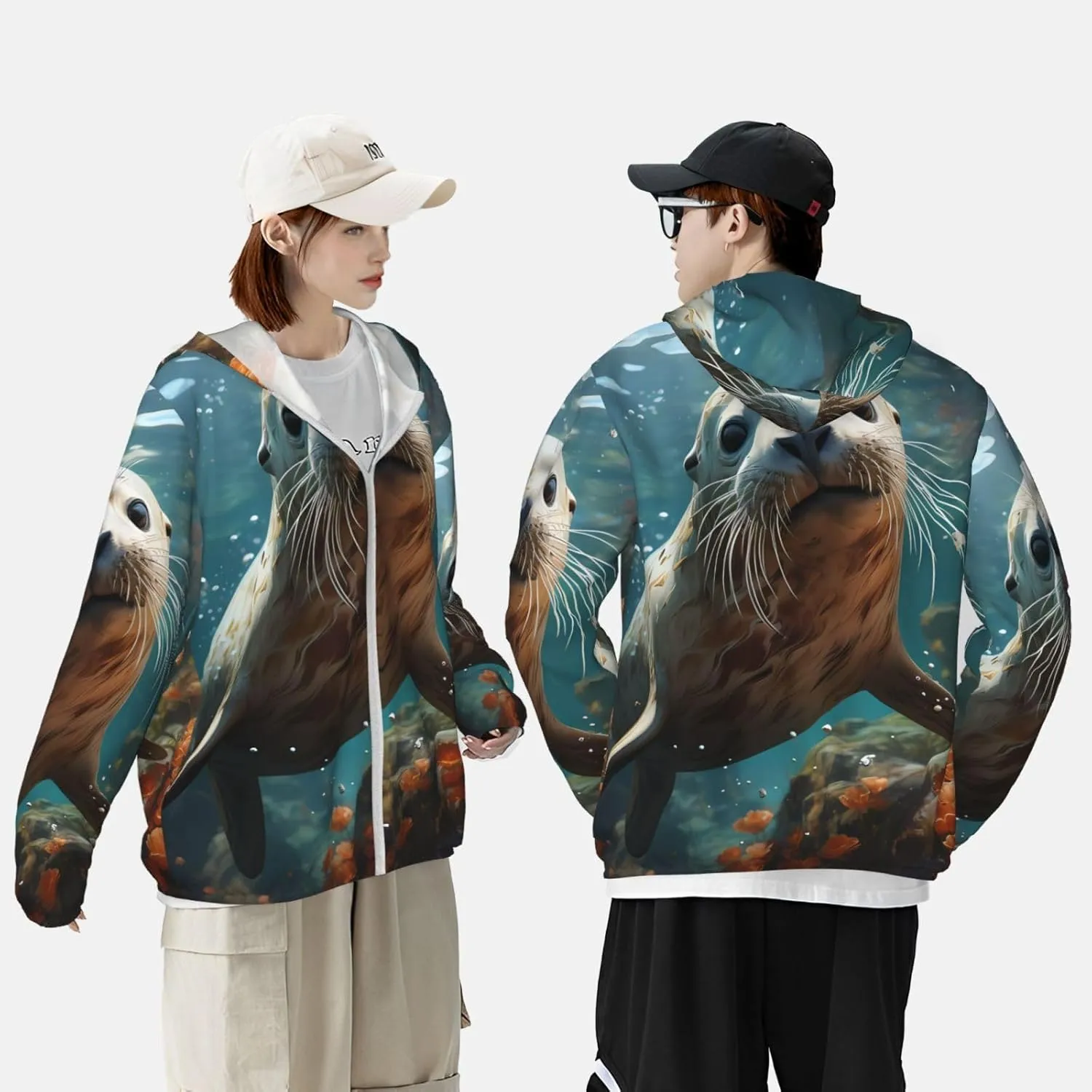 Lightweight UV Protection Sun Jacket, Seal pup in water Print Sportswear Hooded Sunblock Shirt for Outdoor