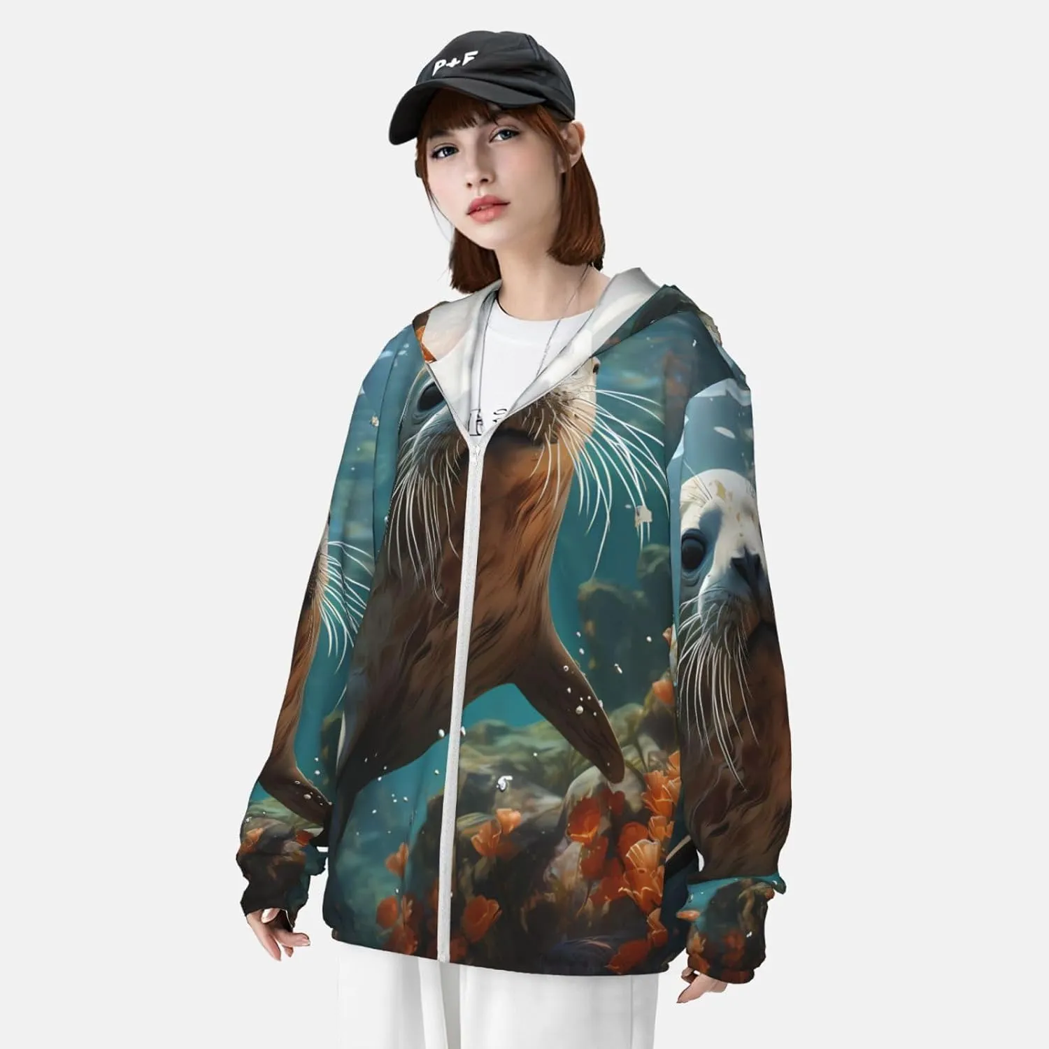 Lightweight UV Protection Sun Jacket, Seal pup in water Print Sportswear Hooded Sunblock Shirt for Outdoor