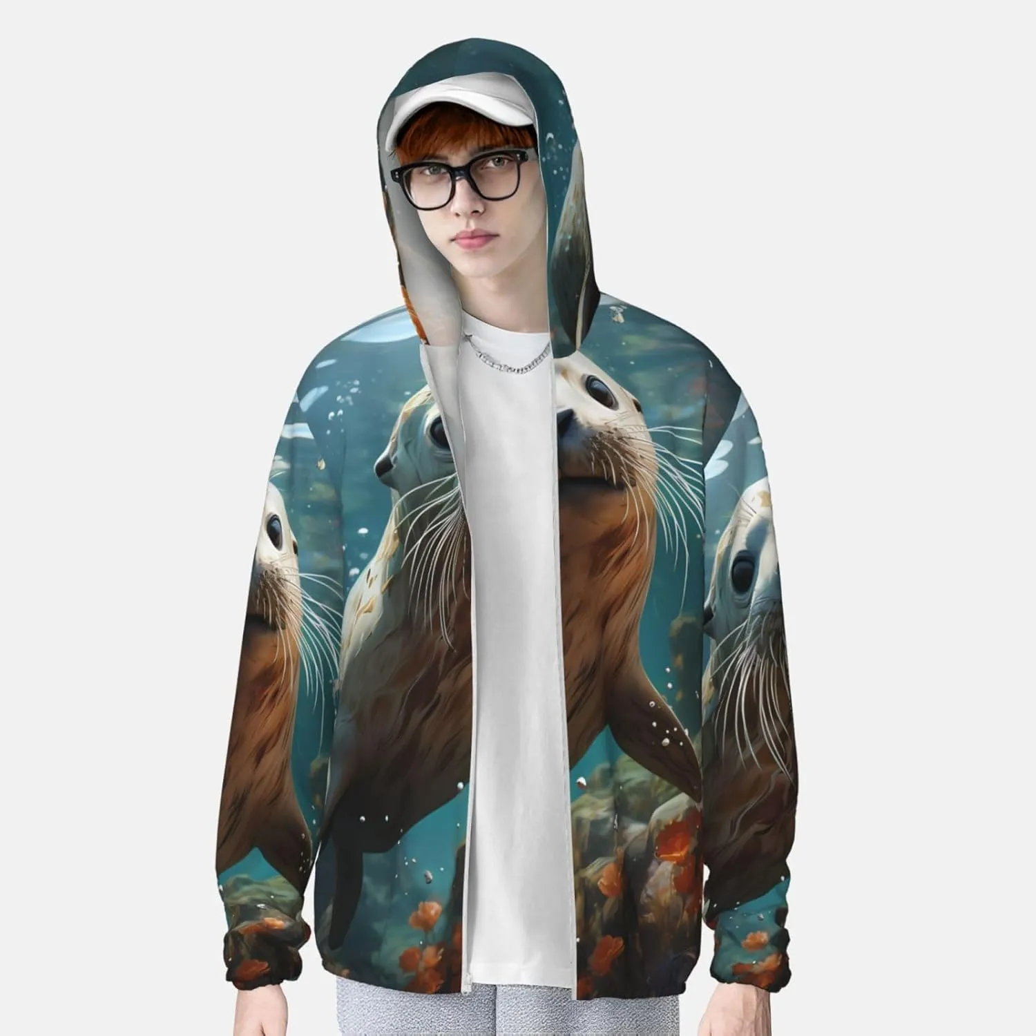 Lightweight UV Protection Sun Jacket, Seal pup in water Print Sportswear Hooded Sunblock Shirt for Outdoor