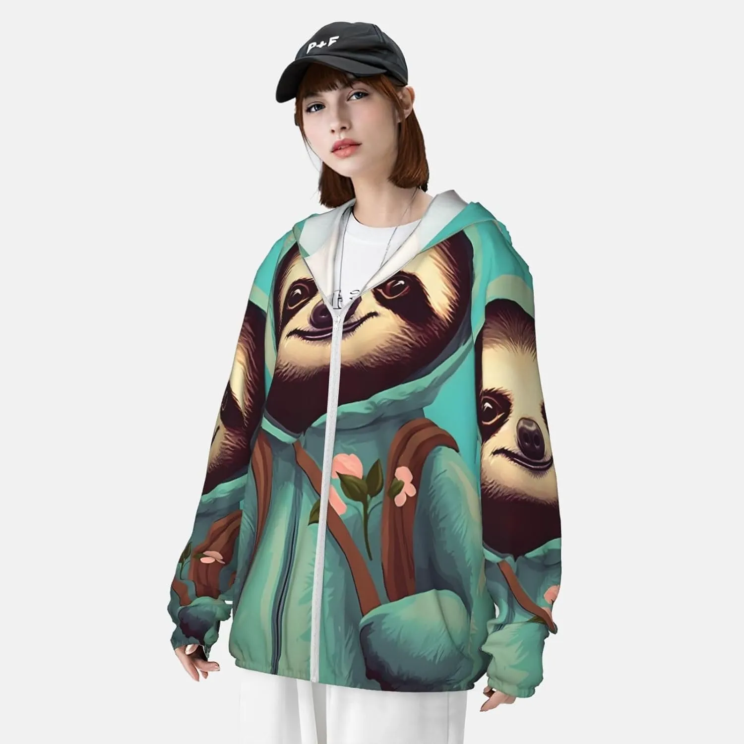 Lightweight UV Protection Sun Jacket, slothful student Print Sportswear Hooded Sunblock Shirt for Outdoor