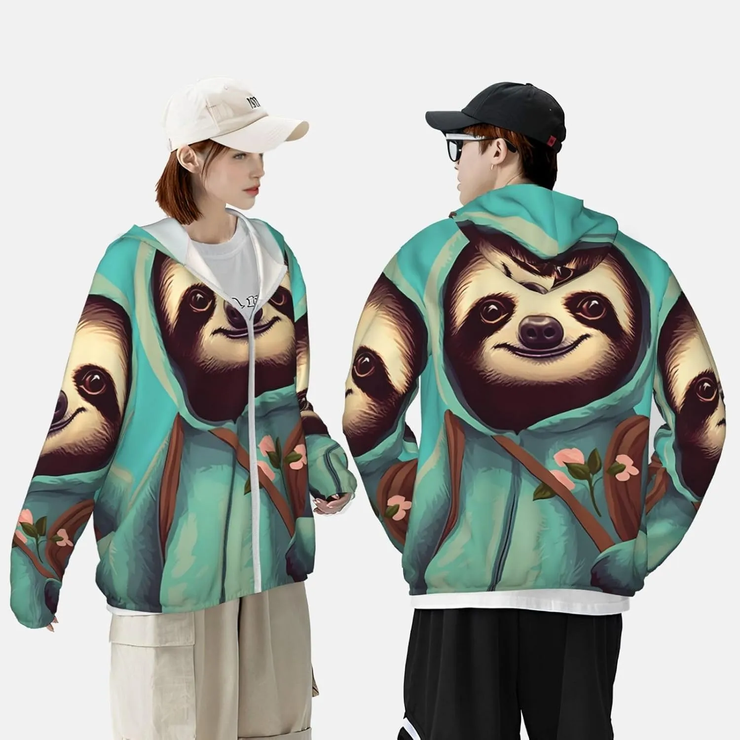 Lightweight UV Protection Sun Jacket, slothful student Print Sportswear Hooded Sunblock Shirt for Outdoor