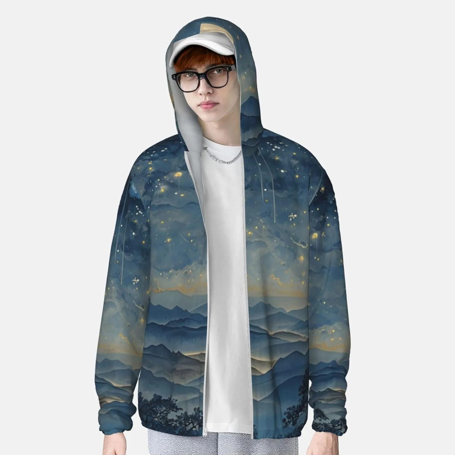 Lightweight UV Protection Sun Jacket, Tranquil Nighttime Print Sportswear Hooded Sunblock Shirt for Outdoor