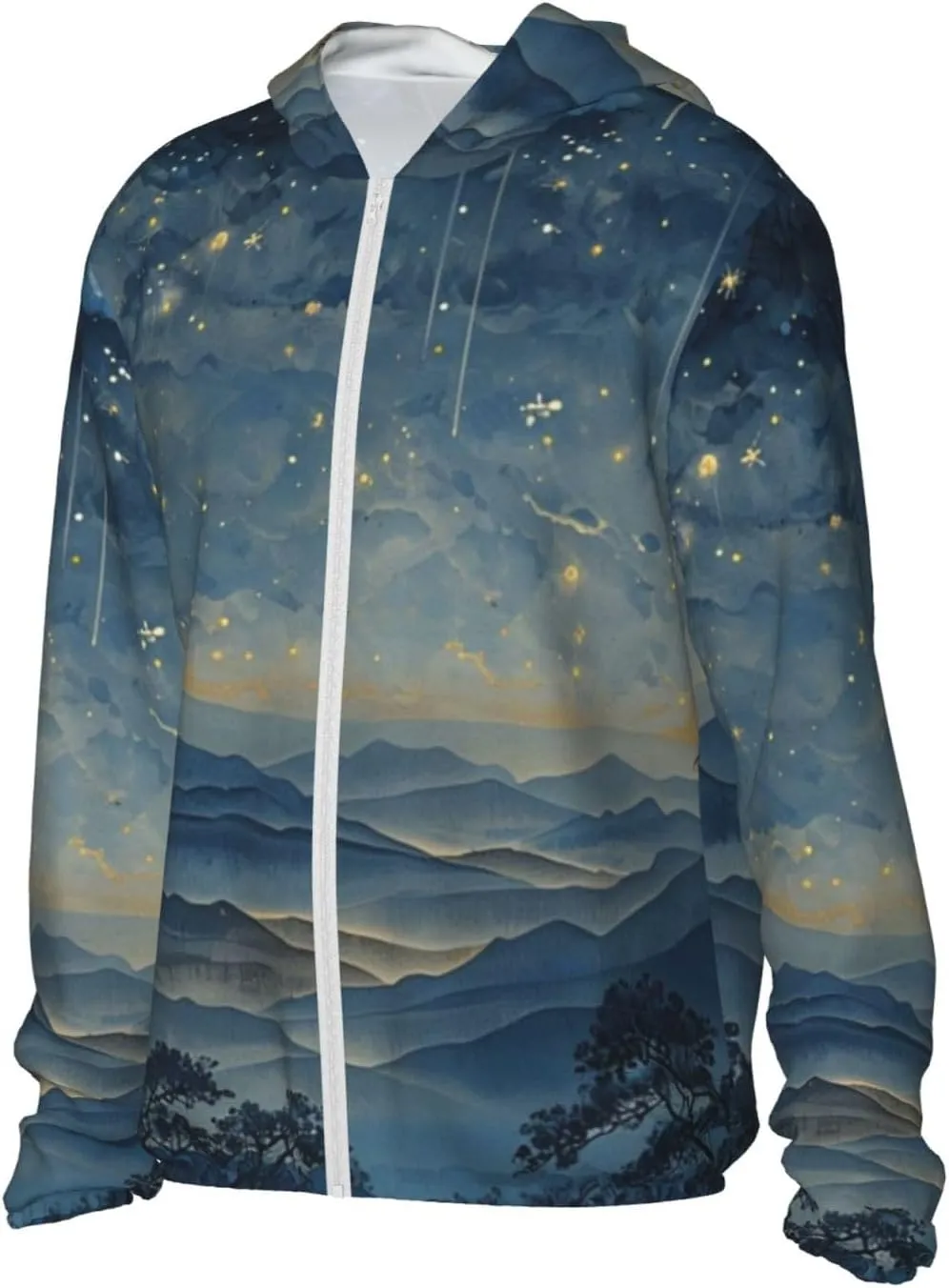Lightweight UV Protection Sun Jacket, Tranquil Nighttime Print Sportswear Hooded Sunblock Shirt for Outdoor