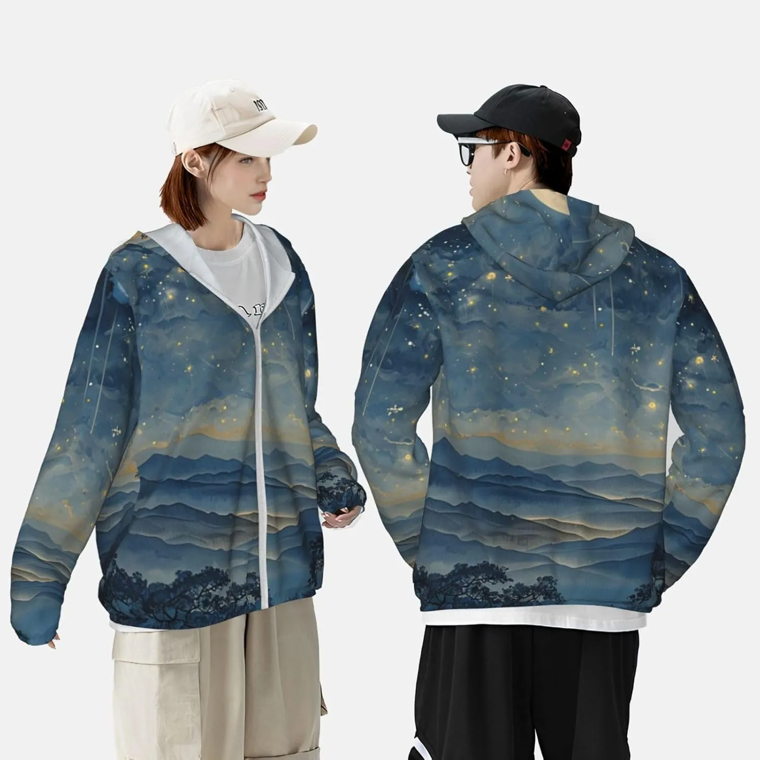 Lightweight UV Protection Sun Jacket, Tranquil Nighttime Print Sportswear Hooded Sunblock Shirt for Outdoor