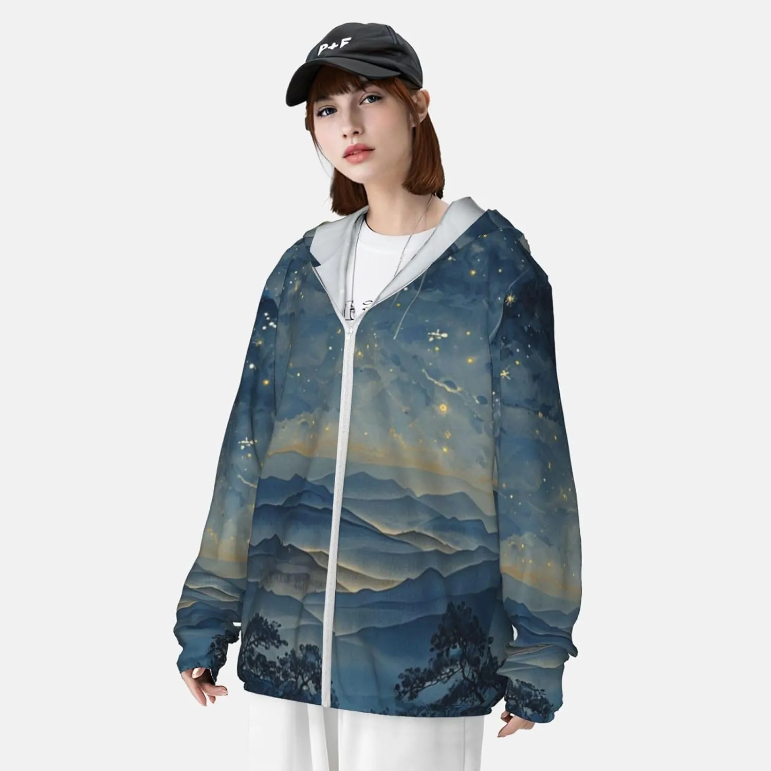 Lightweight UV Protection Sun Jacket, Tranquil Nighttime Print Sportswear Hooded Sunblock Shirt for Outdoor