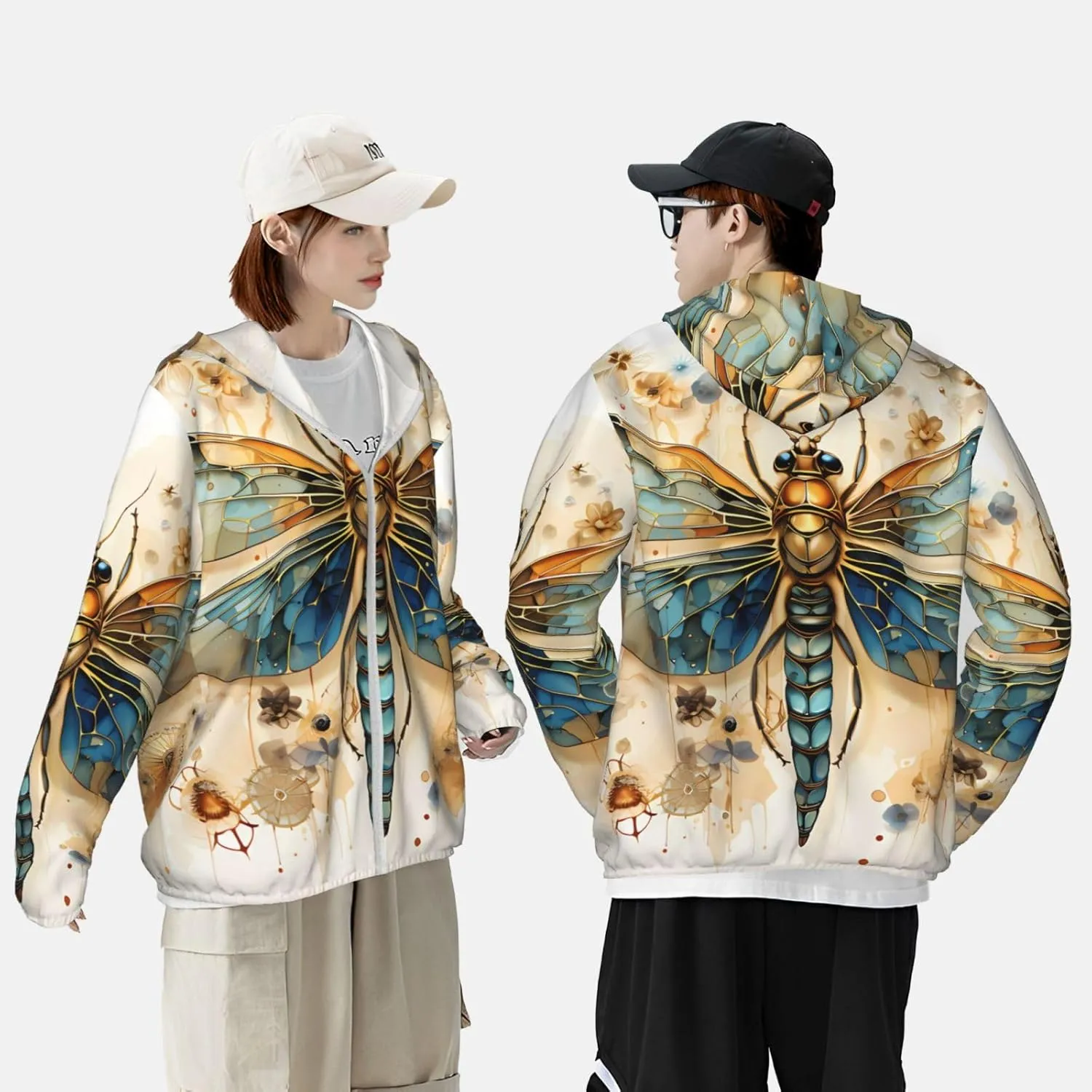 Lightweight UV Protection Sun Jacket, Vivid golden dragonfly Print Sportswear Hooded Sunblock Shirt for Outdoor
