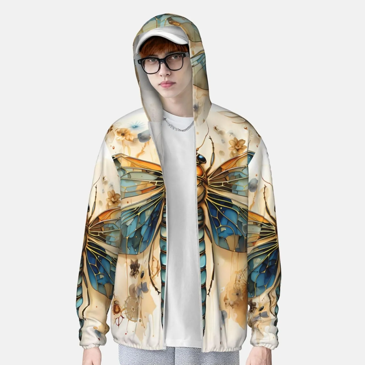 Lightweight UV Protection Sun Jacket, Vivid golden dragonfly Print Sportswear Hooded Sunblock Shirt for Outdoor