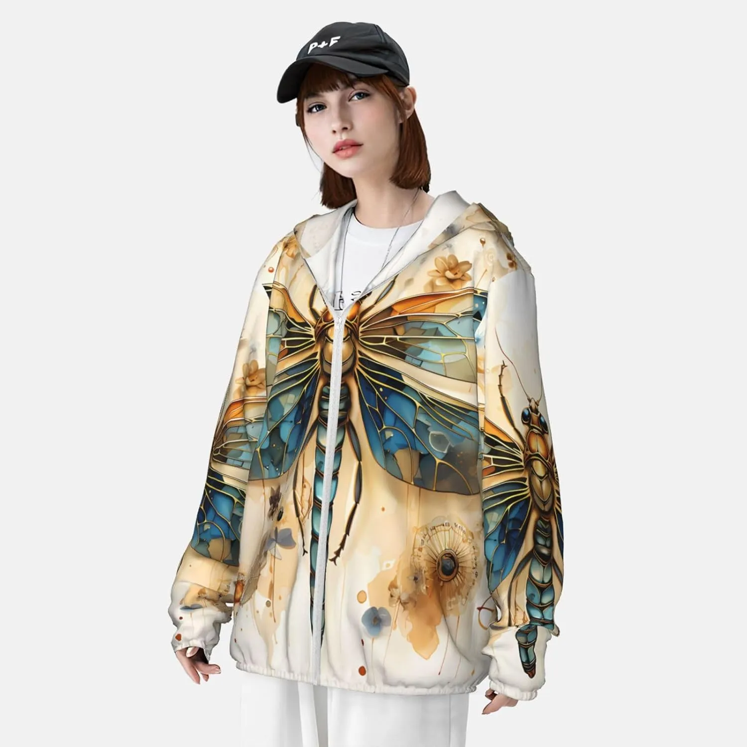 Lightweight UV Protection Sun Jacket, Vivid golden dragonfly Print Sportswear Hooded Sunblock Shirt for Outdoor