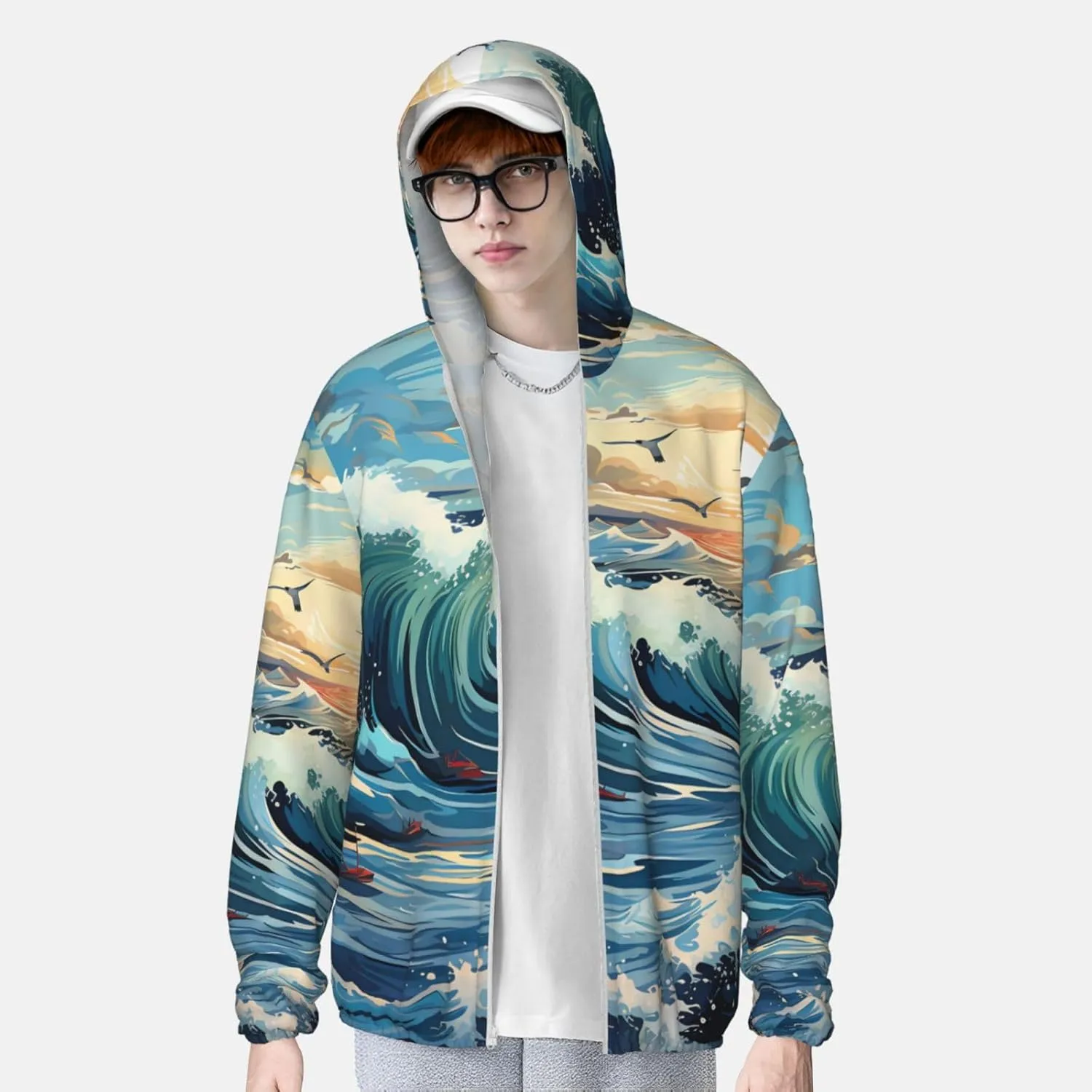 Lightweight UV Protection Sun Jacket, Wave Sailboat Seagull Print Sportswear Hooded Sunblock Shirt for Outdoor