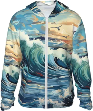 Lightweight UV Protection Sun Jacket, Wave Sailboat Seagull Print Sportswear Hooded Sunblock Shirt for Outdoor
