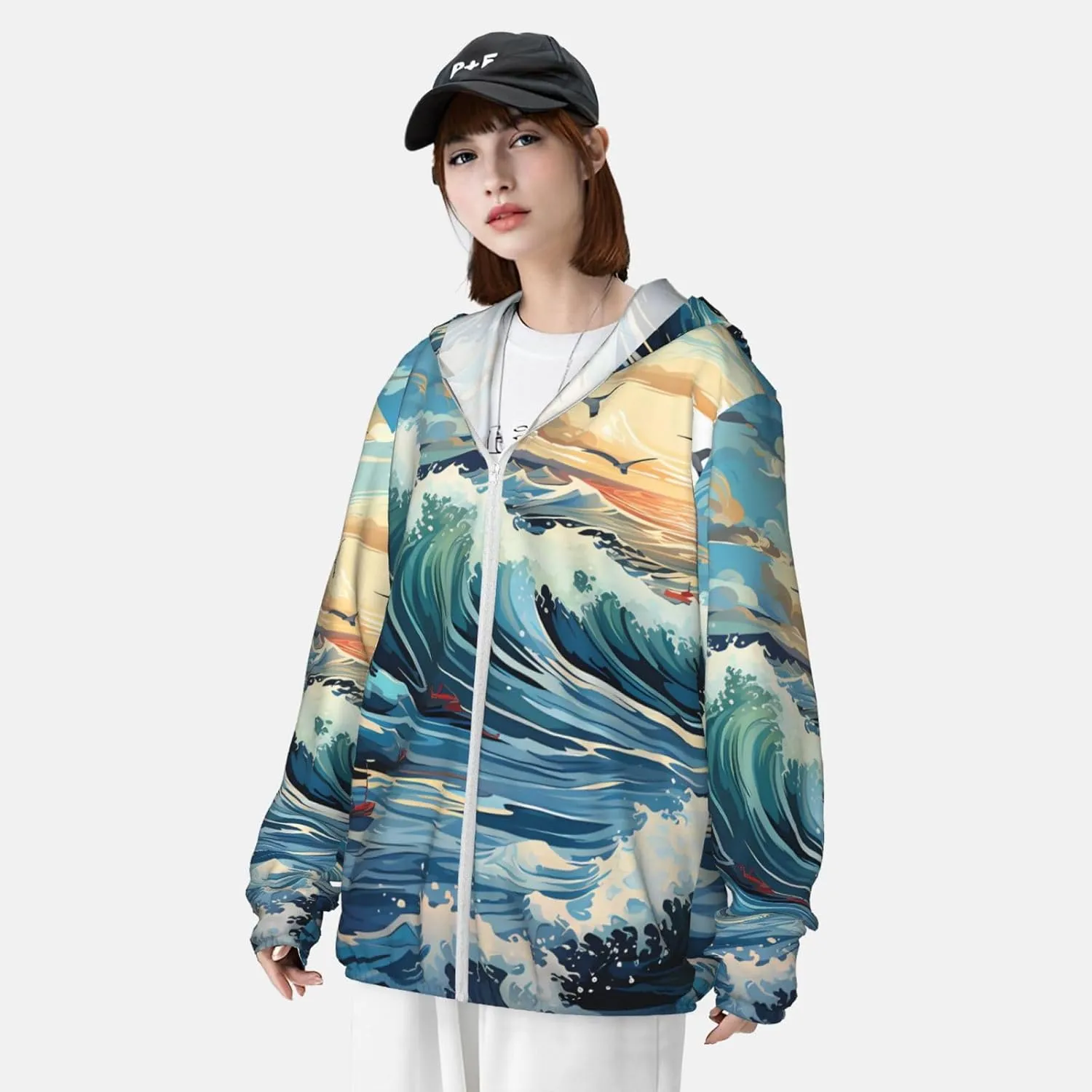 Lightweight UV Protection Sun Jacket, Wave Sailboat Seagull Print Sportswear Hooded Sunblock Shirt for Outdoor