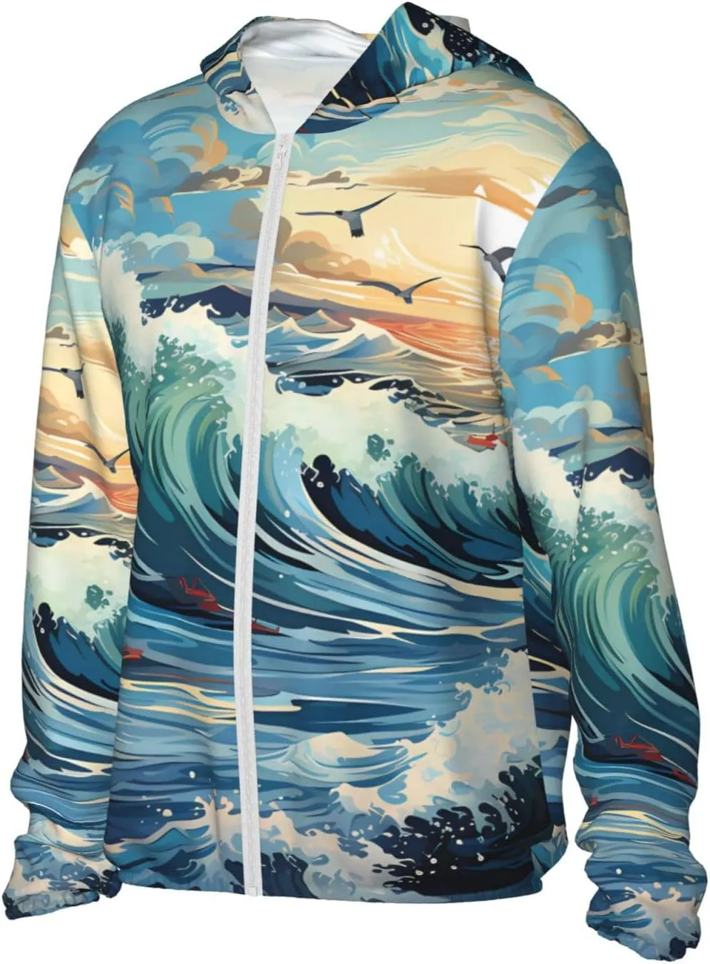 Lightweight UV Protection Sun Jacket, Wave Sailboat Seagull Print Sportswear Hooded Sunblock Shirt for Outdoor