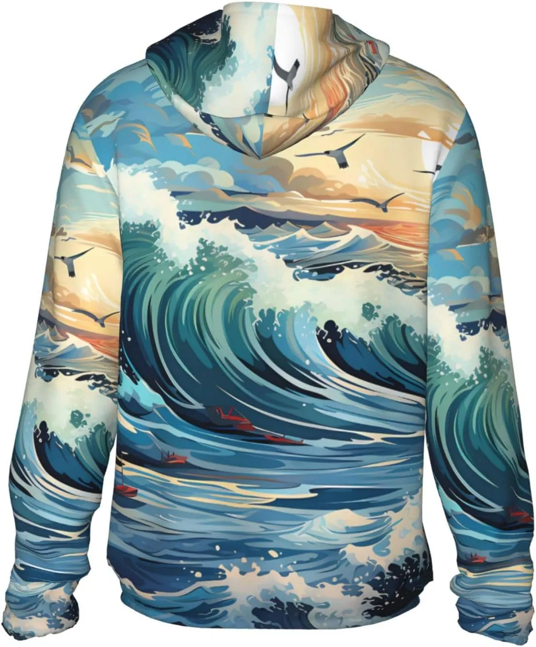 Lightweight UV Protection Sun Jacket, Wave Sailboat Seagull Print Sportswear Hooded Sunblock Shirt for Outdoor