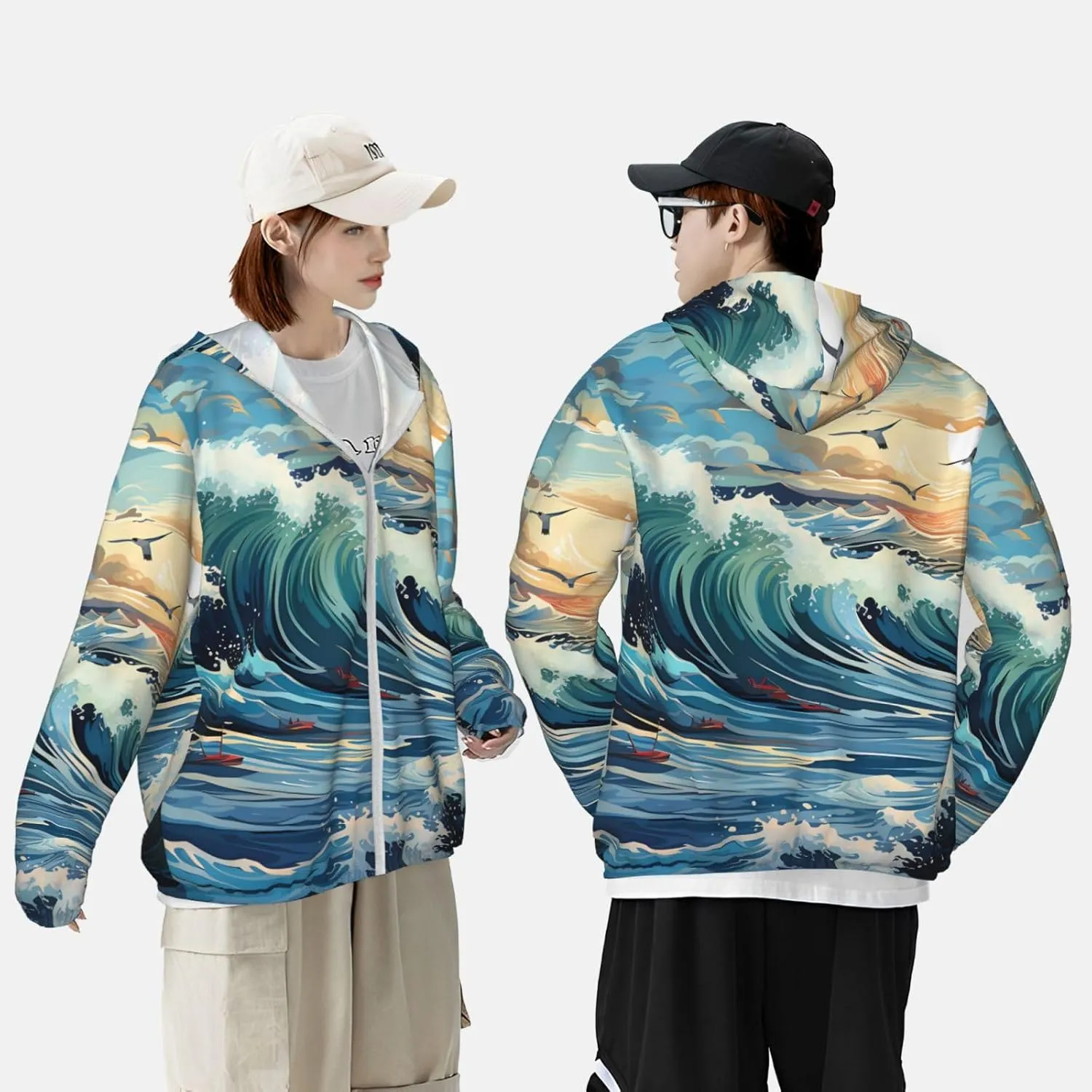 Lightweight UV Protection Sun Jacket, Wave Sailboat Seagull Print Sportswear Hooded Sunblock Shirt for Outdoor