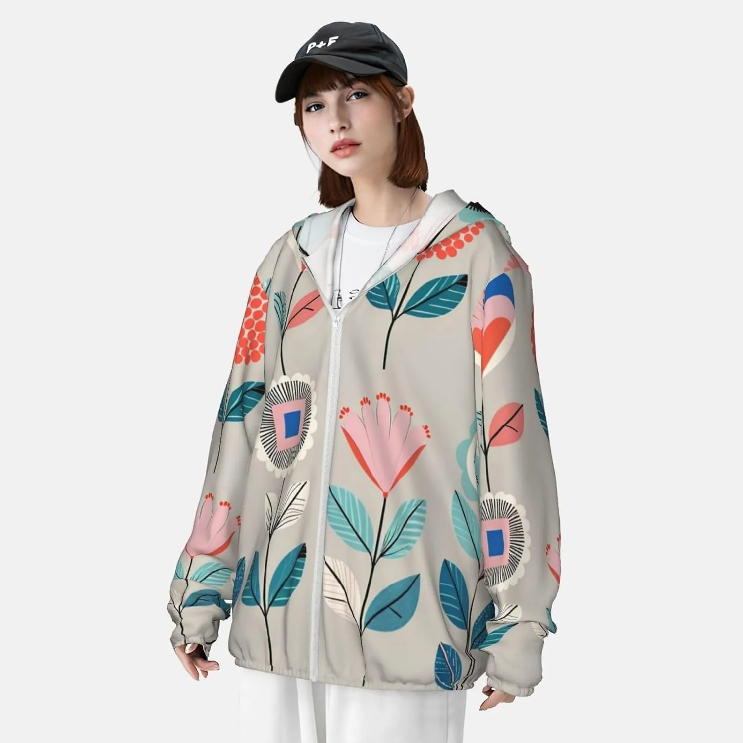 Lightweight UV Protection Sun Jacket, Whimsical Floral Print Sportswear Hooded Sunblock Shirt for Outdoor