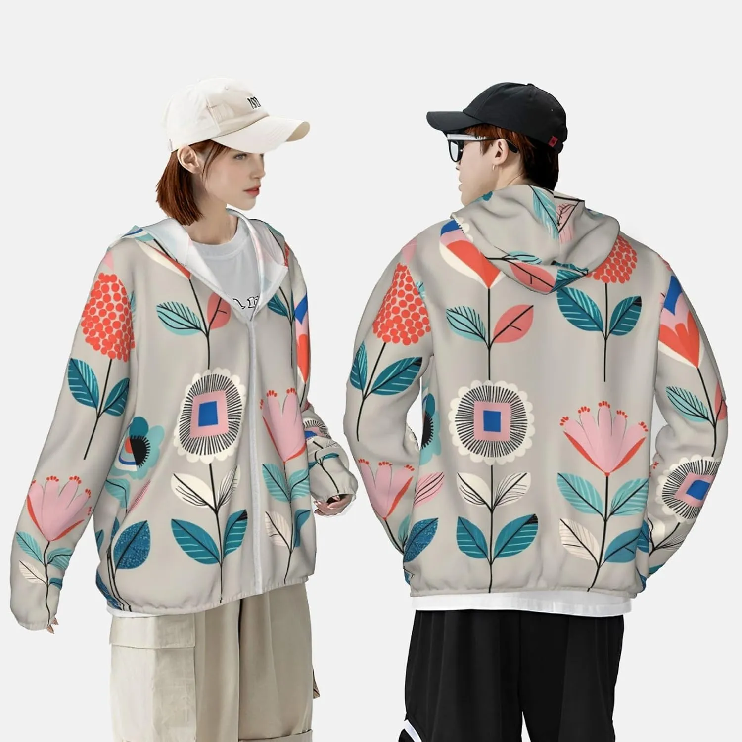 Lightweight UV Protection Sun Jacket, Whimsical Floral Print Sportswear Hooded Sunblock Shirt for Outdoor