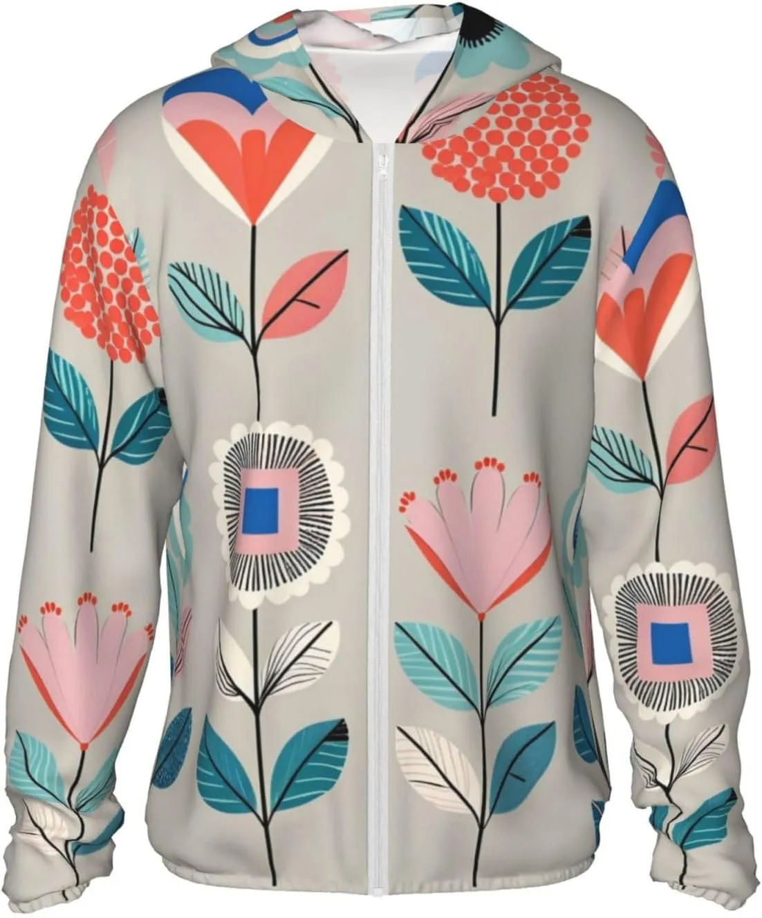 Lightweight UV Protection Sun Jacket, Whimsical Floral Print Sportswear Hooded Sunblock Shirt for Outdoor
