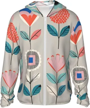 Lightweight UV Protection Sun Jacket, Whimsical Floral Print Sportswear Hooded Sunblock Shirt for Outdoor