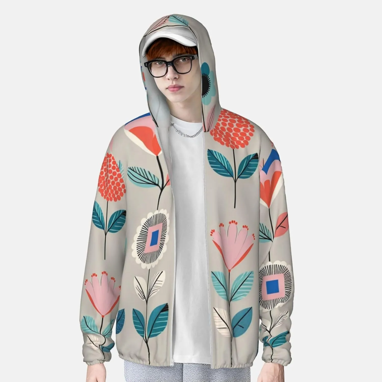 Lightweight UV Protection Sun Jacket, Whimsical Floral Print Sportswear Hooded Sunblock Shirt for Outdoor