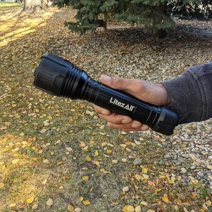 LitezAll Nearly Invincible Tactical Flashlight | Compact and Portable Night Light 4000 Lumens | Durable and Rubber Coated Flash Light Gifts for Men, 9 AA Batteries Included