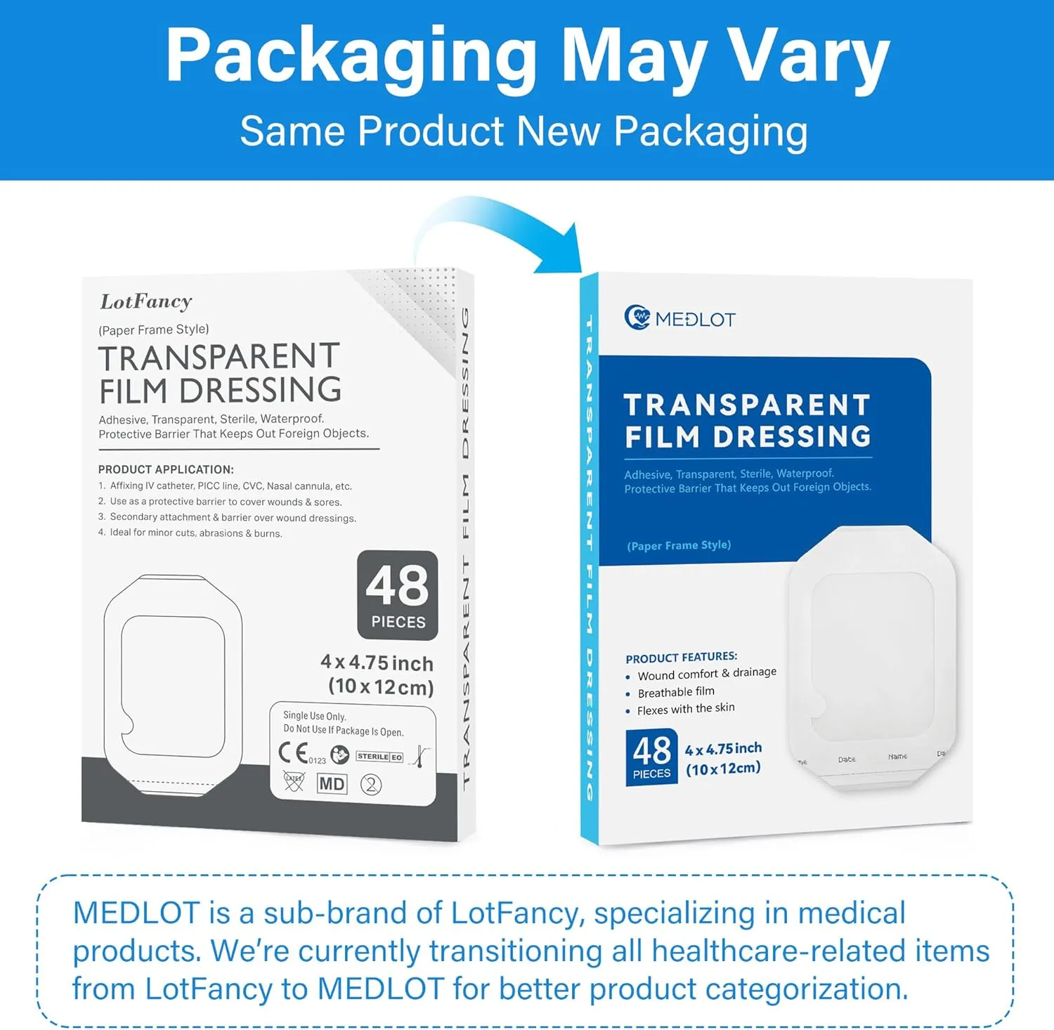LotFancy Transparent Film Dressing 4” x 4 3/4”, 48 Clear Waterproof Bandage Adhesive Patches, Wound Cover for Post Surgical Shower, IV Shield, Tattoo Aftercare Bandage, FSA HSA Eligible