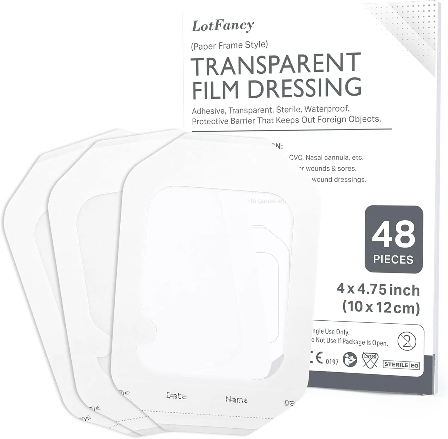 LotFancy Transparent Film Dressing 4” x 4 3/4”, 48 Clear Waterproof Bandage Adhesive Patches, Wound Cover for Post Surgical Shower, IV Shield, Tattoo Aftercare Bandage, FSA HSA Eligible