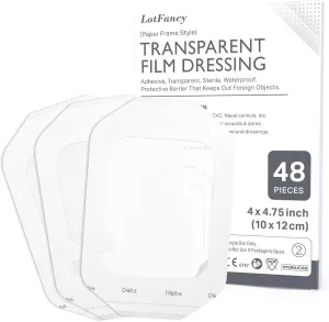 LotFancy Transparent Film Dressing 4” x 4 3/4”, 48 Clear Waterproof Bandage Adhesive Patches, Wound Cover for Post Surgical Shower, IV Shield, Tattoo Aftercare Bandage, FSA HSA Eligible