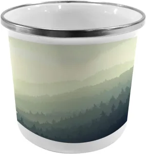 Lunarable Landscape Metal Camping Cup, Aerial View of Pine Trees on The Valley with River in Morning Fog Mist Artwork, Stainless Steel Mug for Indoor and Outdoor Activities, Yellow Green