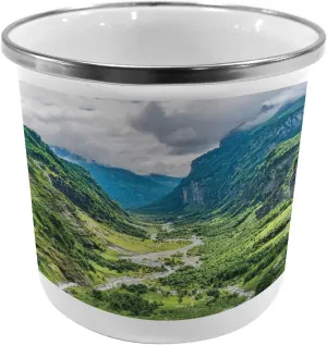 Lunarable Landscape Steel Camping Mug, Valley Mountain Tree Mist Waterfall Canyon Alpine Landscape Nature Theme, Printed Thermal Cup for Camping and Outdoor Activities, Green Blue White